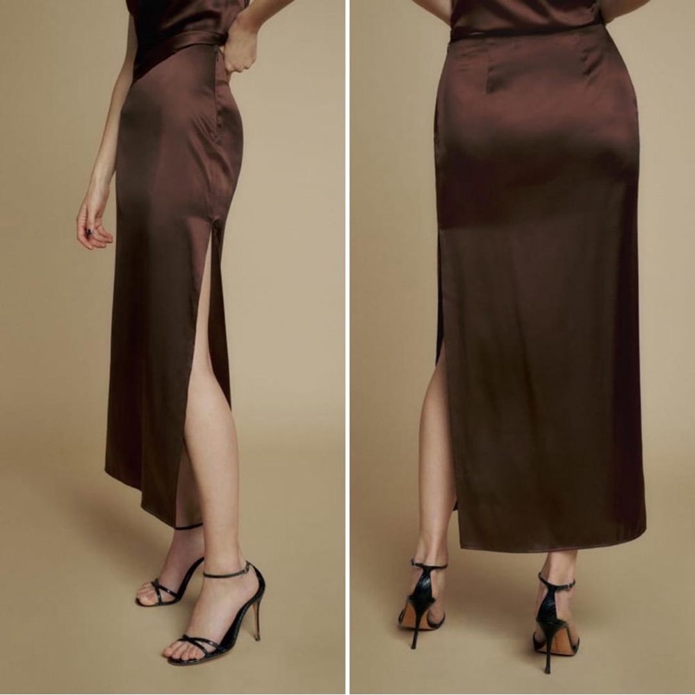Reformation Chocolate Brown Satin A-Line Midi Skirt with Side Slit